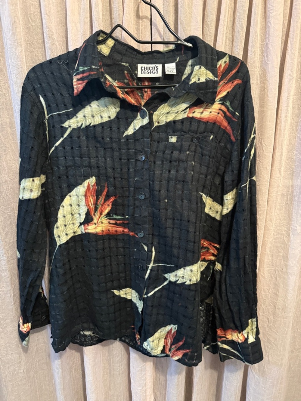 Chico's Black Button-Up Floral Blouse with Cream & Orange Accents